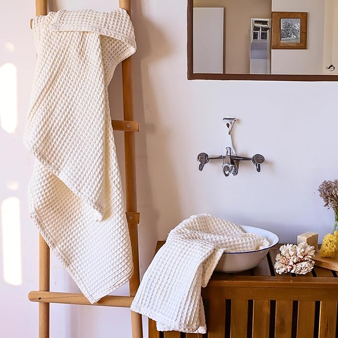 2-Piece Waffle Towels Set for Bathroom Natural Undyed - Soft 100% Turkish Cotton Quick-Dry Lint-Free Waffle Weave Thin Bath and Hand Towels (Natural, Set of 2 Mix Towels)