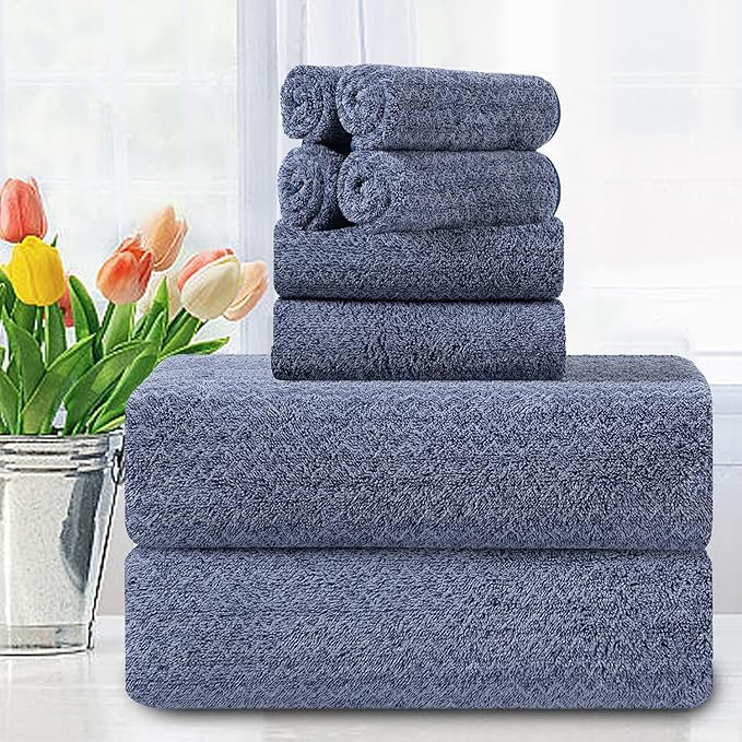 CHINO Bath Towels Set of 8,2 Extra Large Bath Towel 2 Hand Towels 4 Washcloths Microfiber Soft Super Absorbent Towels for Bathroom Quick Dry for Family Hotel Gym Spa(Navy)