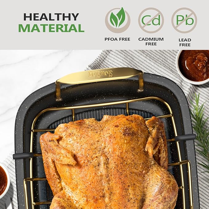Turkey Roasting Pan, 17x13 Inch Nonstick Roaster with Removable Rack, Turkey Baster, Meat Thermometer, Turkey Brine Bags, Roaster Pan for Roasting Turkey, Meat & Vegetables (Black&Gold)