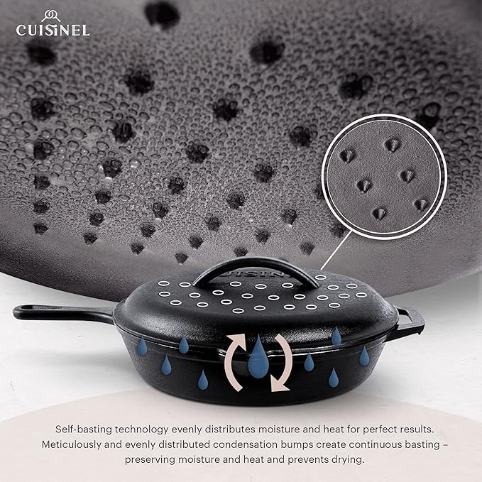 Cuisinel Cast Iron Skillet with Lid - 12"-inch Pre-Seasoned Covered Frying Pan Set + Silicone Handle & Lid Holders + Scraper/Cleaner - Indoor/Outdoor, Oven, Stovetop, Camping Fire, Grill Safe Cookware