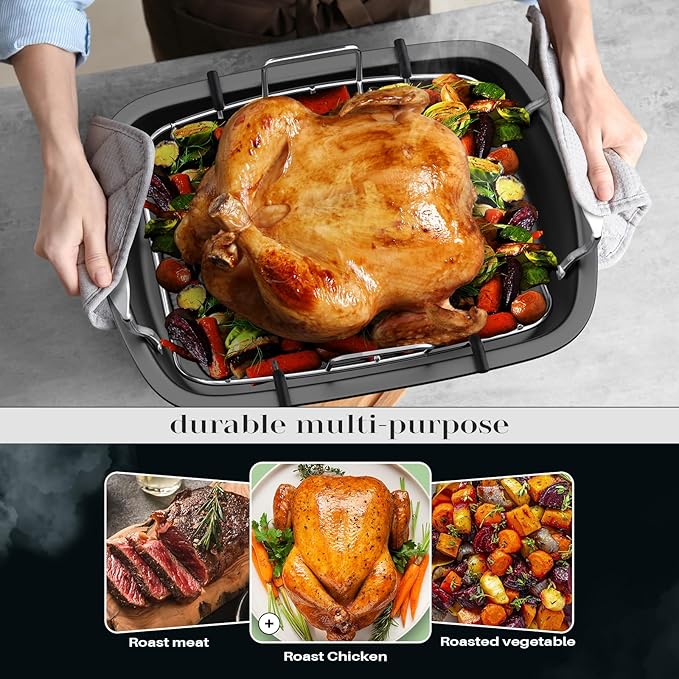 Nonstick Turkey Roasting Pan with Rack, 17 x 13 Inch Turkey Pan, large roaster pan for Meat & Vegetable, (Silver)