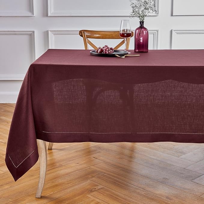 Solino Home Linen Square Tablecloth 52 x 52 Inch - 100% Pure Linen Burgundy Table Throw - Classic Hemstitch, Machine Washable Table Cloth for Holiday, Winter, Valentines