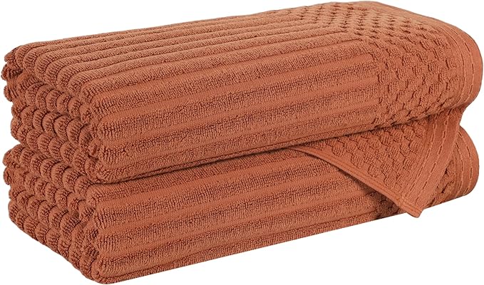 Superior Cotton Bath Towel Set of 2, Daily Use for Bathroom, Guest Bath, Quick Dry, Spa, Resort Towels, Ribbed, Absorbent, Home Essentials, 2-Piece Bath Towels, Soho Collection, Rust