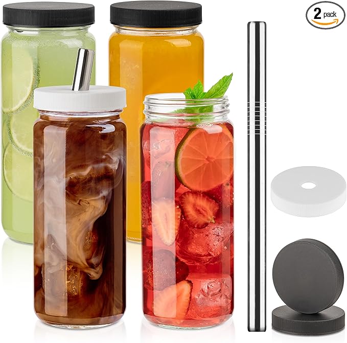 Glass Juice Bottles with Lids and Straws, 16 Oz - Set of 4 Reusable Clear Cups - For Drinking Smoothie, Iced Coffee, Juicing, Matcha, Water, Kombucha and More
