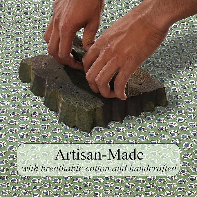 Ridhi Basil Green Hand Block Print Cotton Rectangle Tablecloth 102" x 48" inches Reusable Table Cover Decorative Everyday Use for Dining, Farmhouse, Home, Party, Festive, Wedding, Fall