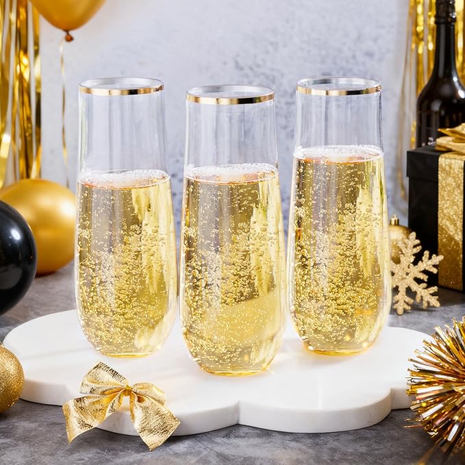 Ciaell 24 Pack Gold Plastic Champagne Flutes - 9 Oz Disposable Champagne Glasses - Stemless Mimosa Glass for Parties & Weddings & Birthdays & Christmas