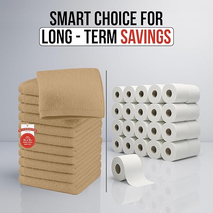 RIVERSIDE 12 Pack Washcloths - 12x12 Inches, 400 GSM, 100% Ring-Spun Cotton - Soft, Absorbent & Durable Face and Body Towels - for Bathroom, Spa, Gym, Makeup Removal & Everyday Use - Tan