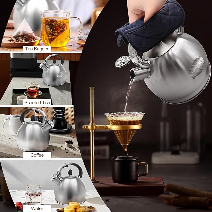 Stainless Steel Tea Kettle, Tea Kettles Stovetop, Vintage Whistling Teapot for Stove, Durable and Rust-Resistant, with a Pot Holder Included, 2.64 Quart (Brushed)