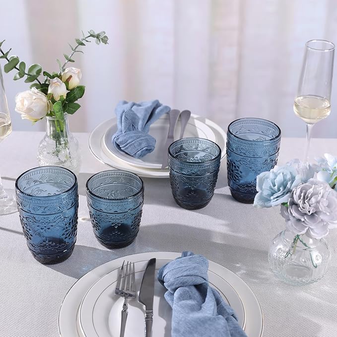 Blue Glassware set of 6, 10OZ Drinking Glasses, Blue Heavy Duty Glass Cups, Old Fashioned Glass, Embossed Glasses Set for Party Wedding Home Office Glassesware Gift