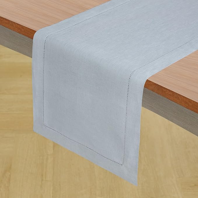 Solino Home Linen Table Runner 144 Inches Long - 100% Pure Linen Dusty Blue Table Runner 14 x 144 Inch for Winter - Classic Hemstitch