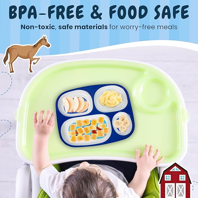 4E's Novelty Set of 4 Melamine Dinner Plates for Kids Boys - Divided Plates for Picky Eater, BPA Free, Toddler Eating Essentials, Boy Dinnerware Set