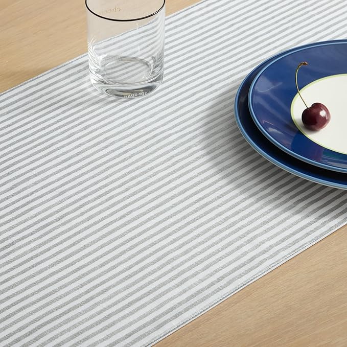 Kate Spade New York Hand Painted Shirting Stripe Reversible Table Runner, 100% Cotton with Metallic Print, Silver/White, 15"x72"
