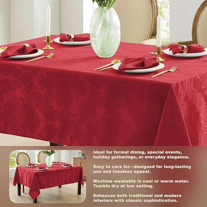 Newbridge Christmas Barcelona Damask Fabric Tablecloth, 60 x 144 Inch Rectangle, Red – No Iron, Soil Resistant Table Cover for Dining, Parties and Holidays
