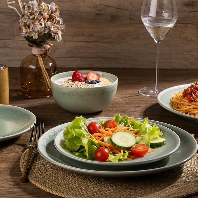 AmorArc Ceramic Dinnerware Sets for 4, 12 Pieces Handpainted Plates and Bowls Set, Scratch Resistant Stoneware Dishes Set, Dishwasher & Microwave Safe, Olive Green