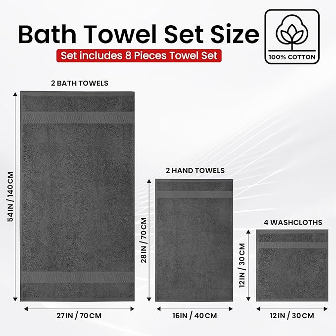 Infinitee Xclusives Luxury 100% Cotton Towel Set – 8 Piece Bathroom Towel Set (2 Bath Towels, 2 Hand Towels, 4 Washcloths) – Soft & Absorbent Towels for Bathroom (Shadow Grey)