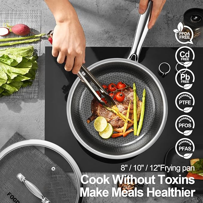 Fogdream 8"10"12" Stainless Steel Pan, Non Stick Frying Skillet with Lid, Tri-Ply Stainless Steel for All Cooktops, Dishwasher and Oven-Safe Cooking Pan, Stay-Cool Handle, Silver