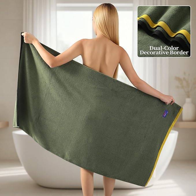 REDKISS 2 Pack 100% Cotton Bath Towels with Luxury Embellished Border Design, Oversized 27 x 54 Inches & 600 GSM Ultra Soft Bath Towel Set, Quick Dry Towels for Bathroom, Gym, Spa, Hotel, Army Green