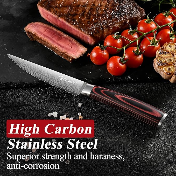 Sunnecko Steak Knives Set of 6,Premium Stainless Steel Serrated Steak Knife Set,Pakkawood Handle 4.5 Inch Kitchen Steak Knife with Gift Box