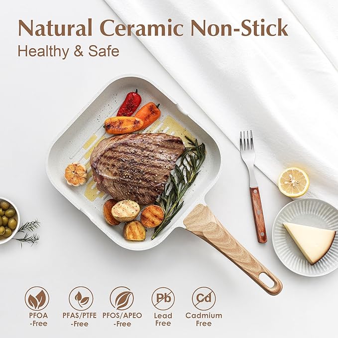 SENSARTE Nonstick Ceramic Grill Pan for Stove Tops, Versatile Square Grilling Pan with Pour Spouts, Durable Grill Skillet for All Stoves, Steak Bacon Pan, Non Toxic-PTFE,PFAS,PFOA Free, 11 Inch