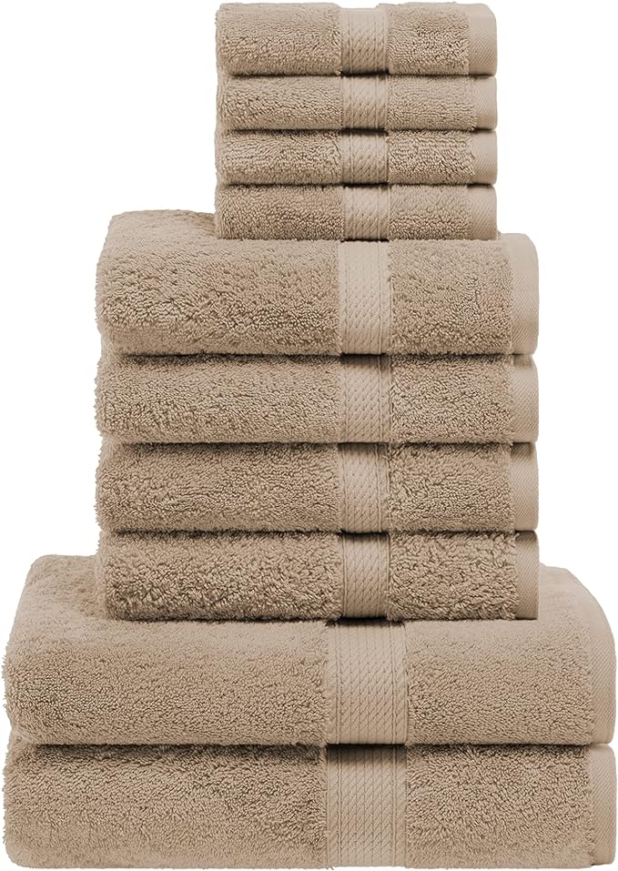 Superior Egyptian Cotton Pile 10 Piece Towel Set, Includes 2 Bath, 4 Hand, 4 Face Towels/Washcloths, Ultra Soft Luxury Towels, Thick Plush Essentials, Guest Bath, Spa, Hotel Bathroom, Latte