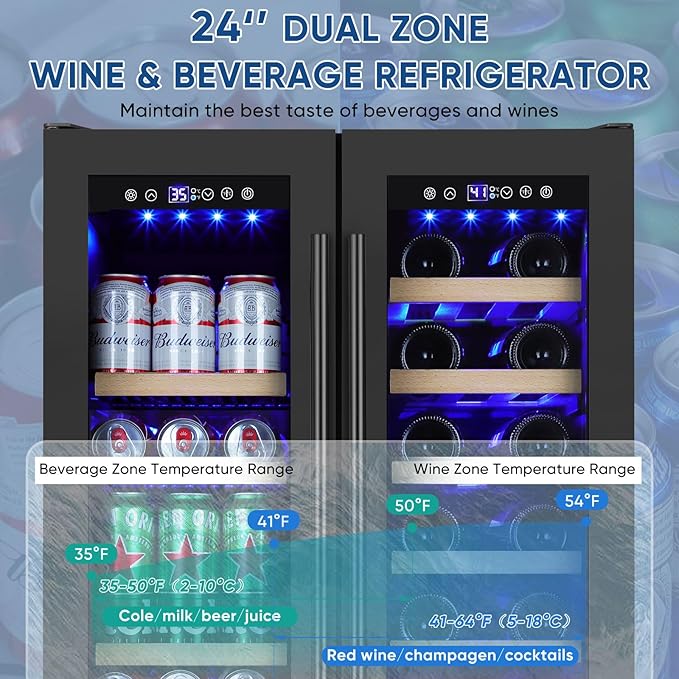 Wine and Beverage Refrigerator 24", Upgraded Dual Zone Wine Beverage Cooler with Glass Door and French Door, Large Capacity Beer Fridge Holds 21 Bottles & 88 Cans, Built-In or Freestanding - Black