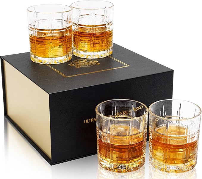 KANARS Crystal Whiskey Glasses - 10 Oz Rock Glasses in Luxury Gift Box - Set of 4 Lowball Bourbon Glass Tumbler for Birthday, Wedding Anniversary, Christmas and Retirement
