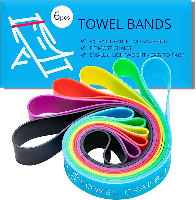 Towel Bands (6-Pack), Beach, Pool & Cruise Chairs, Extra Durable, No Snapping, Cruise Ship & Beach Essentials, Great Alternative to Beach Towel Clips