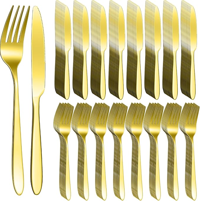 Nuenen 100 Pieces Stainless Steel forks and knives Dinner Flatware Set Tableware Cutlery for Butter Kitchen Restaurant, Dishwasher Safe (Gold,9.06 Inches, 8.07 Inches)
