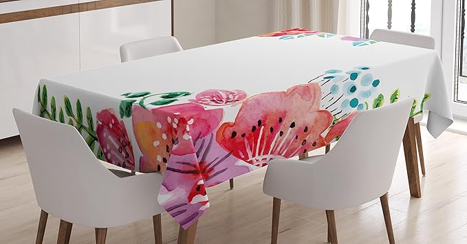 Ambesonne Floral Tablecloth, Flourishing Spring Flowers and Leaves in Watercolors Frame Colorful Design, Dining Room Kitchen Rectangular Table Cover, 60" X 84", Pink Magenta