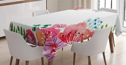 Ambesonne Floral Tablecloth, Flourishing Spring Flowers and Leaves in Watercolors Frame Colorful Design, Dining Room Kitchen Rectangular Table Cover, 52" X 70", Pink Magenta