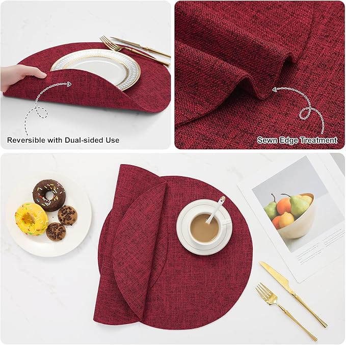homing 15 Inch Round Cloth Placemats Set of 6, Cotton Linen Blend Washable Table Mats, Farmhouse Dining Place Mats for Indoors & Outdoors, Easy to Clean, Red