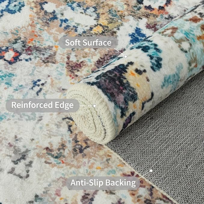 Easy-Going Boho Area Rug 3x5 Entryway Rug Washable Inside Door Mats for Home Entrance Non-Slip Medallion Distressed Small Rugs for Entry Living Room Bedroom Kitchen Lightweight Carpet, Vintage Multi