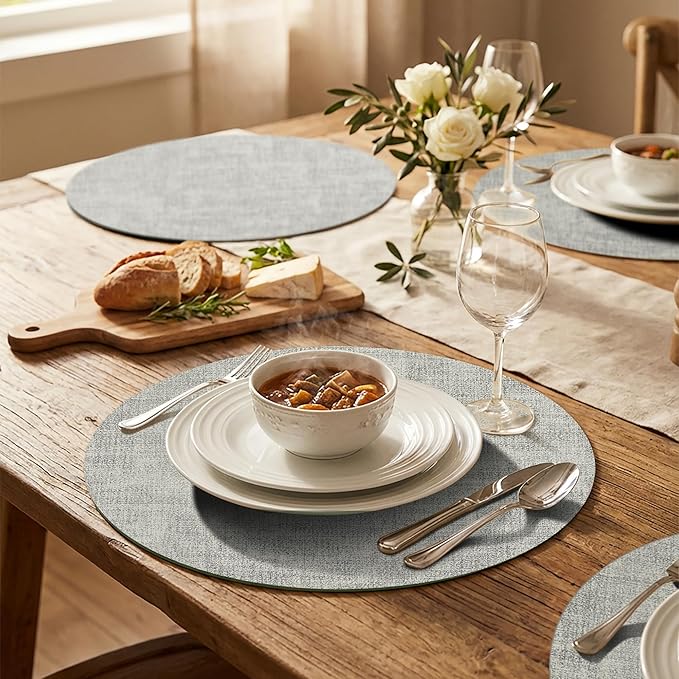 15 inch Faux Leather Round Placemats Set of 6 Non-Slip Washable Wipeable Table Mats, Heat Resistant Waterproof Oilproof Grey Place Mats for Kitchen, Dining, Party, Indoor, Outdoor