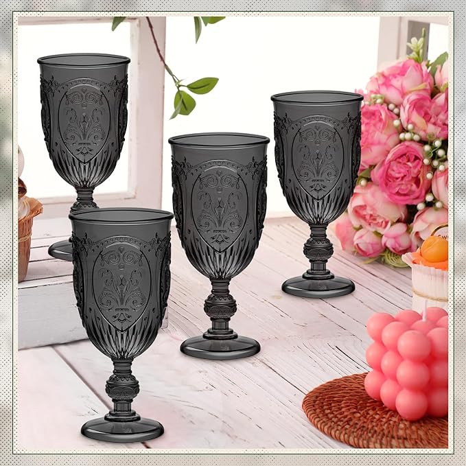 48 Pcs Plastic Goblets 7.5oz Vintage Goblet Plastic Wine Glasses Colored Retro Embossed Water Goblets for Wine Bar Juice Baby Shower Wedding Reception Grand Event Party (Black)