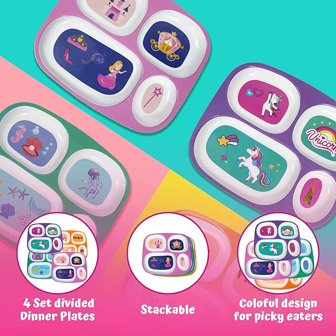 4E's Novelty 4 Melamine Dinner Plate for Kids Girls, Plastic Mealtime Divided Plates, Dinnerware Dishes Set For Toddlers Picky Eaters, BPA Free, Princess, Unicorn, Sea Life, Cat