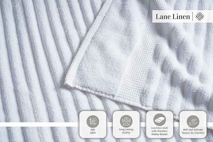 LANE LINEN White Bath Towels Set of 6-100% Cotton Towels for Bathroom, Hotel & Spa - Zero Twist, Premium Quality, Soft, Absorbent, Ribbed Bathroom Towel Set - Includes 2 Bath, 2 Hand & 2 Washcloths