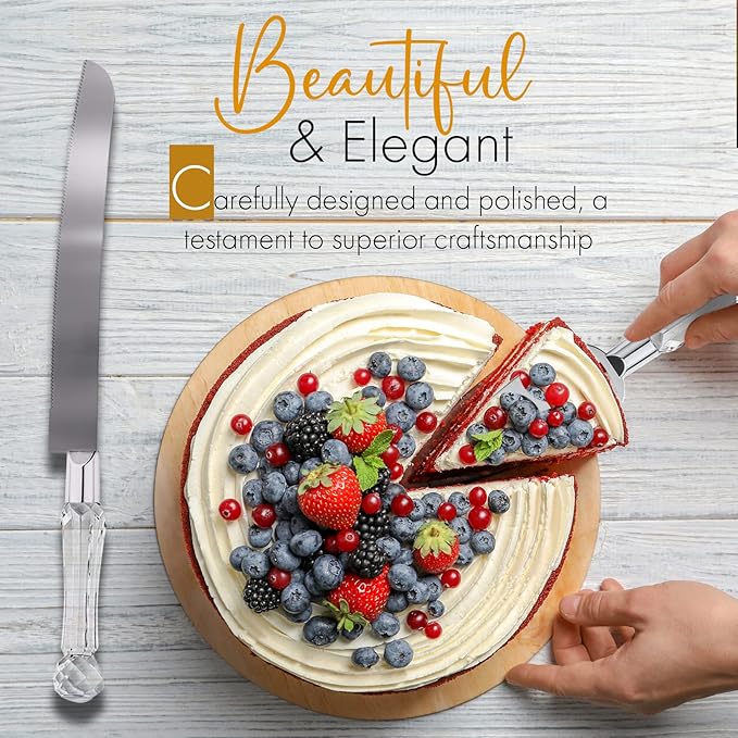 Wedding Cake Knife and Server Set, Cake Cutter and Pie Spatula, Cake Server and Knife Set of 2 with Crystal Handles, 1.2mm Thick Blades, Cutting Set for Birthdays, and Parties (Crystal Silver)