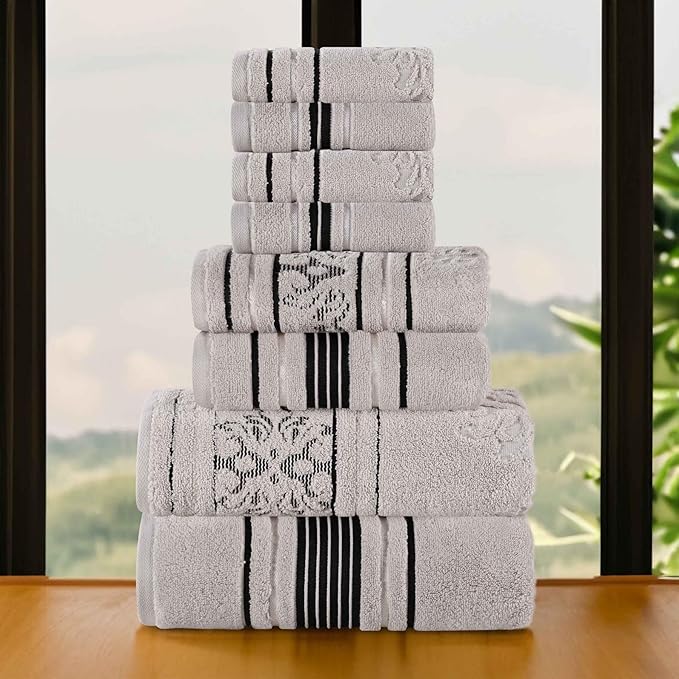 Superior Cotton 8 Piece Assorted Floral Towel Set, Includes 2 Bath, 2 Hand, 4 Washcloth/Face Towels, Quick Dry, Home Essentials, Shower, Spa, Luxury Plush Soft Absorbent Towels, Zero Twist, Platinum