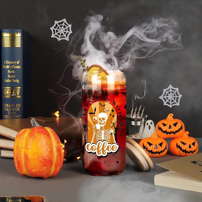 Joeyan Halloween Glass Cups with Lids and Straws,20 oz Iced Coffee Tumbler with Skull and Black Star Patterns,Funny Can Shaped Beer Drinking Glasses,Holiday Gifts for Women Mom Friend Teen