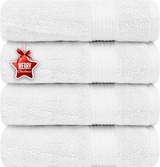 Ample Decor Hand Towels 18 X 28 Inch Pack of 4 600 GSM 100% Cotton, Soft Absorbent, for Hotel, Bathroom, Spa, Daily Use, Gym - Christmas White