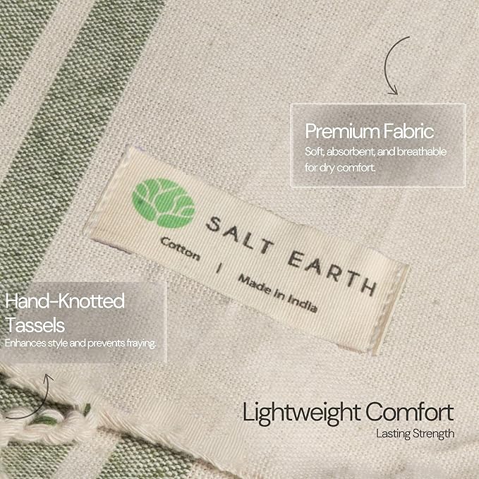 Salt Earth Cotton Turkish Beach Towel, Set of 3-36" X72" Large Bath Towels, Quick Dry Towel, Bathroom, Beach Essentials, Gym, Lightweight Large Towels for All (One Colour Stripe)