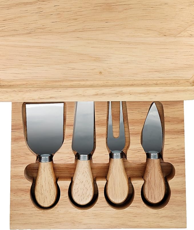 Cheese Board Set by StarBlue - Large - with 4 Knives and Slide Out Drawer | Large Oak Wooden Cheese and Platter Cutting Serving Plate Tray | Best for Housewarming and Birthday Gift