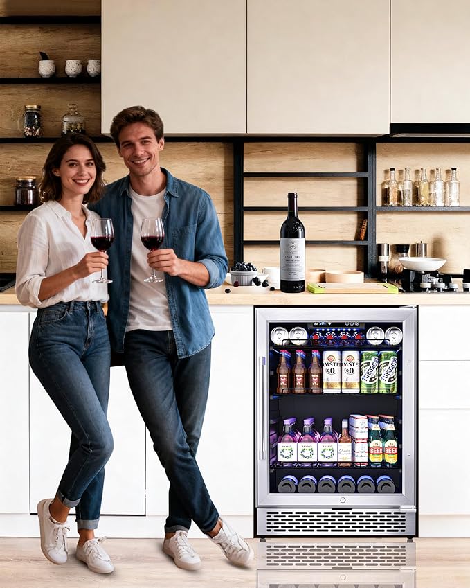 24-Inch Beverage Refrigerator, 200-Can Glass Door Cooler with Adjustable Shelves, Quiet Cooling, Freestanding or Under-Counter – Compatible with Beer, Soda, Wine, Milk, Suita