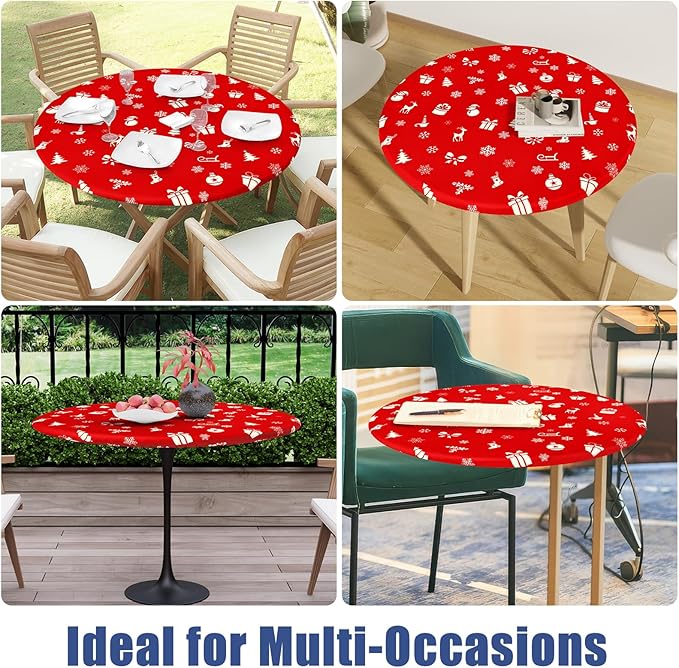 Round Spandex Christmas Tablecloth, Elastic Fitted Waterproof Tablecloths for 36"-44" Tables, Stretch Washable Picnic Table Cover for Christmas Dinner, Box Snowflake