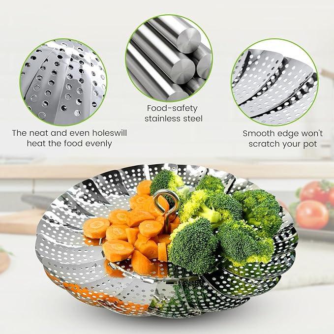 Vegetable Steamer Basket, Premium Stainless Steel Veggie Steamer Basket - Folding Expandable Steamers to Fits Various Size Pot (Extra Large (6.5" to 11"))