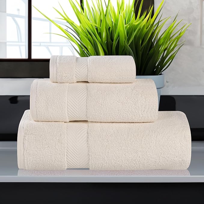 Superior Zero Twist 100% Cotton Towel Set, 3-Piece Set, Extra Soft Bath Towel, Face Towel and Hand Towel, Long-Staple Cotton Towels, Ivory