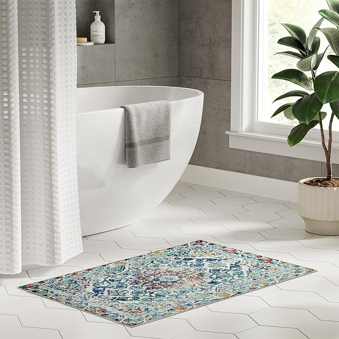 Easy-Going Boho Area Rug 3x5 Entryway Rug Washable Inside Door Mats for Home Entrance Non-Slip Medallion Distressed Small Rugs for Entry Living Room Bedroom Kitchen Lightweight Carpet, Vintage Multi