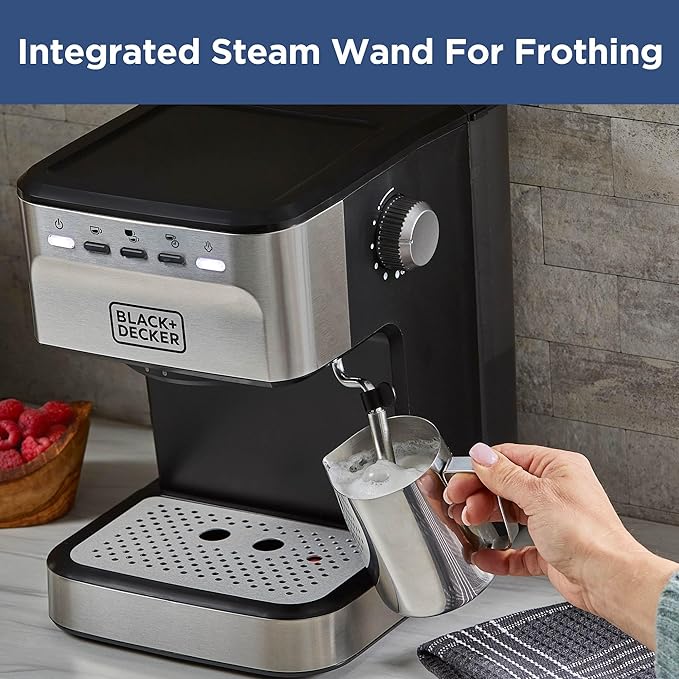 Black+Decker Semi-Automatic 15 Bar Espresso and Cappuccino Maker, Versatile Machine with Ability to use Grounds or ESE Pods to Make Your Perfect Cup of Coffee