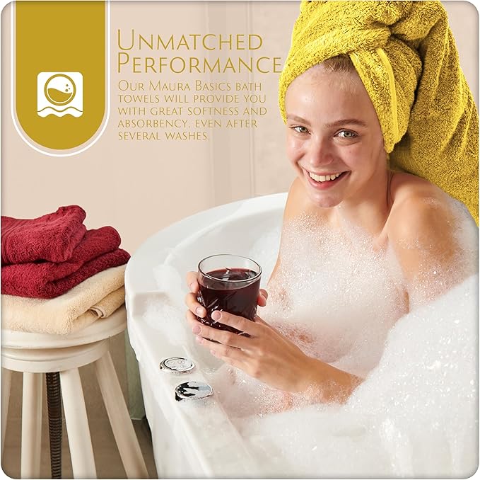 MAURA Basics Performance Bath Towels 100% Turkish Cotton with Hook Loops. Extra Large Luxury Absorbent Plush Towel Sets for Bathroom, Daily Use American Standard Size 27”x54”, Yellow