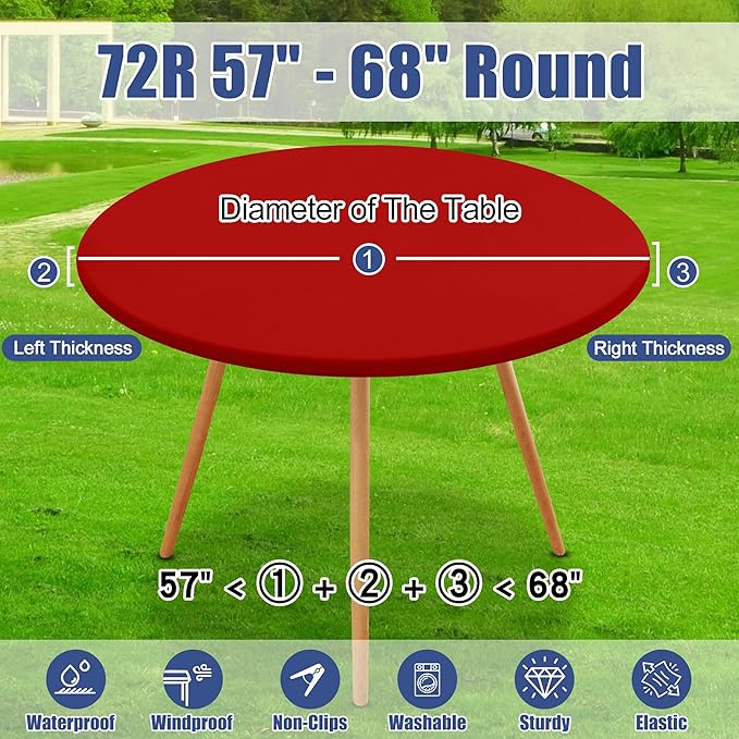 Round Spandex Christmas Tablecloth, Elastic Fitted Waterproof Tablecloths for 57"-68" Tables, Stretch Washable Picnic Table Cover for Camping, Dining, Indoor and Outdoor, Red